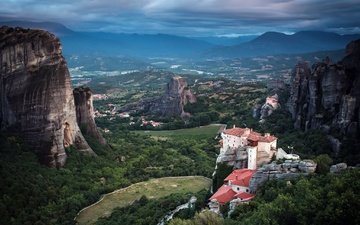 горы, природа, пейзаж, греция, монастырь, метеора, калампака, roussanou monastery