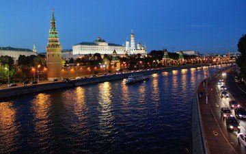 дорога, река, москва, кремль, город, россия, машины, здания