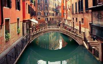 отражение, мост, город, венеция, канал, дома, италия, здания