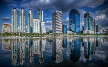 отражение, город, небоскребы, океан, таиланд, бангкок