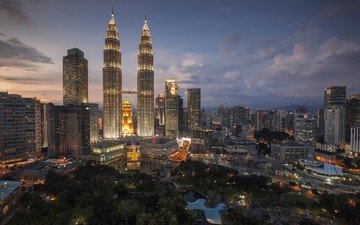 огни, город, небоскребы, здания, малайзия, городской пейзаж, куала-лумпур, башни петронас, башня-близнец