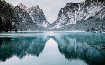 вода, озеро, горы, снег, природа, зима, отражение, снежные вершины