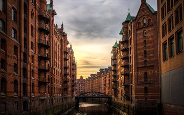 река, мост, город, канал, архитектура, здания, европа, германия, гамбург