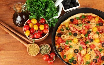 сыр, помидоры, оливки, пицца, маслины, петрушка, специи