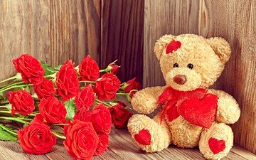 цветы, розы, мишка, любовь, букет, тедди, подарок, плюшевый медведь, валентинов день