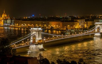 ночь, огни, река, панорама, мост, город, архитектура, здания, венгрия, будапешт, дунай, цепной мост