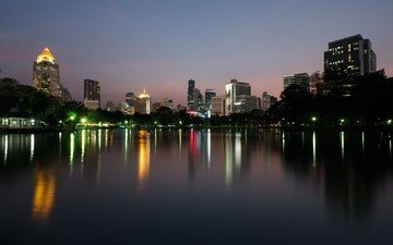 огни, вечер, отражение, город, дома, тайланд, здания, бангкок