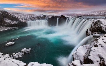 река, скалы, снег, природа, камни, закат, зима, водопад, исландия, р, водопад годафосс