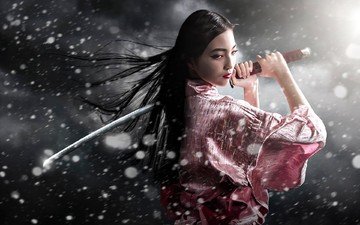 снег, девушка, поза, меч, взгляд, лицо, самурай, кимоно, май, девушка о