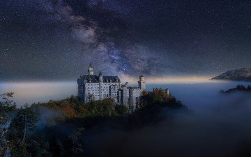 небо, ночь, звезды, туман, замок, осень, германия, млечный путь, замок нойшванштайн