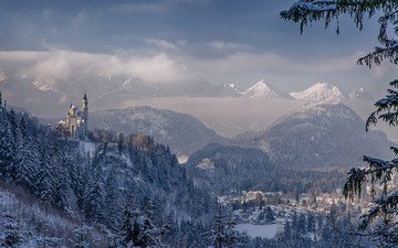 die berge, winter, panorama, deutschland, bayern, schloss neuschwanstein