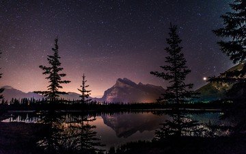 небо, ночь, озеро, пейзаж, звезды, сумерки, канада, альберта, национальный парк банф