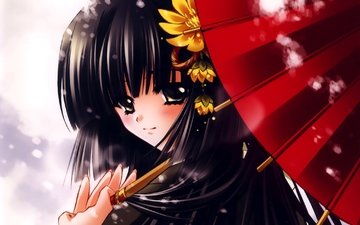 schnee, blume, lächeln, anime, regenschirm, kimono, lange haare, schwarze haare, blush, original, schwarze augen