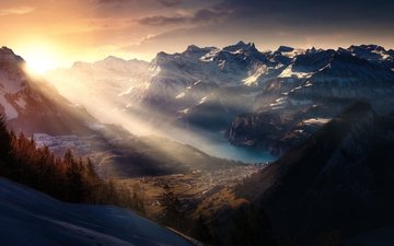 горы, снег, природа, пейзаж, швейцария, солнечные лучи