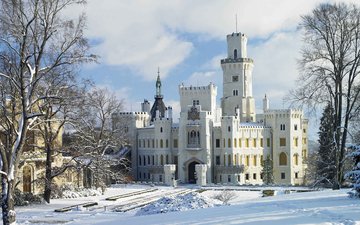 зима, замок, архитектура, здание, достопримечательность, чехия, замок глубока, глубока-над-влтавой