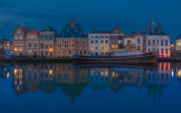отражение, город, дома, здания, порт, нидерланды, гавань, scott n