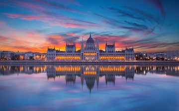 река, отражение, здание, венгрия, будапешт, парламент, огни города