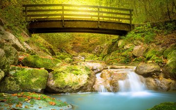 река, природа, мост, водопад