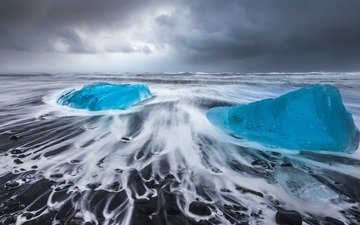 берег, волны, море, лёд, исландия, глыба