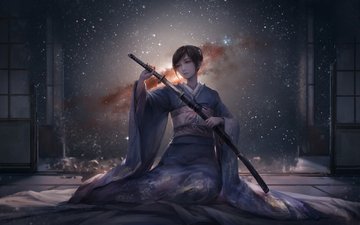 небо, арт, ночь, девушка, оружие, звезды, меч, аниме, кимоно, катана, jlien-, di qiu wang shi