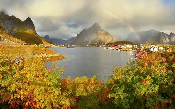облака, горы, природа, фото, город, осень, радуга, норвегия, лофотенские острова, reine