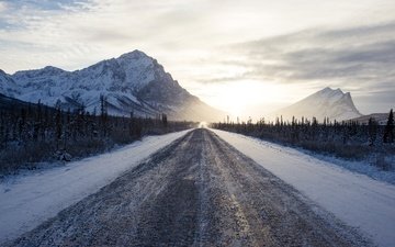 дорога, горы, снег, природа, зима, асфальт