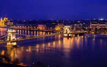 ночь, огни, мост, венгрия, будапешт, цепной мост сечени, цепной мост, река дунай