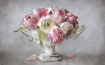 цветы, арт, фон, лепестки, букет, тюльпаны, розовые, белые, ваза, живопись, ранункулюсы