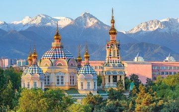 горы, город, церковь, казахстан, алма-ата, вознесенский собор
