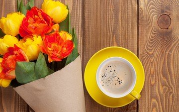 цветы, напиток, кофе, букет, тюльпаны, чашка, пенка
