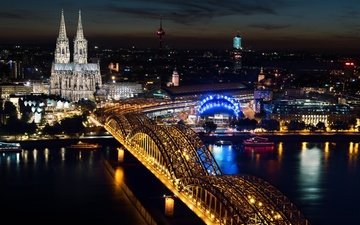ночь, мост, германия, кельн, кёльнский собор, мост гогенцоллернов