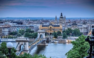 река, город, архитектура, венгрия, будапешт, дунай, цепной мост сечени