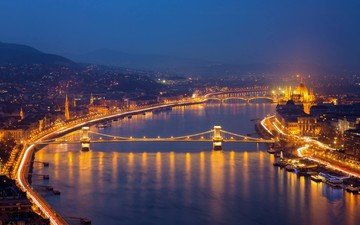 ночь, огни, мост, венгрия, будапешт, цепной мост сечени, река дунай