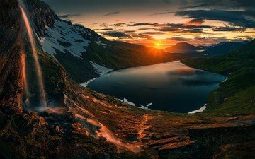 озеро, горы, восход, солнце, природа, водопад