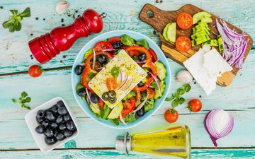 овощи, оливки, специи, греческий салат, сыр фета