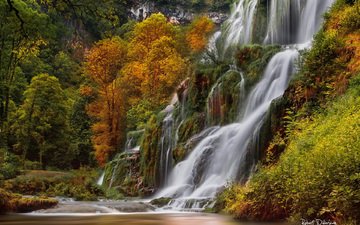 река, природа, лес, водопад, осень