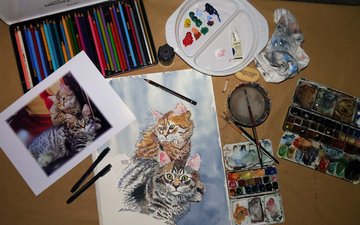 рисунок, краски, карандаши, кошки