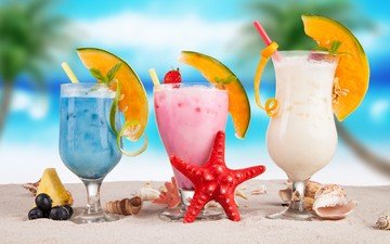 море, пляж, лето, фрукты, коктейль, напитки, коктейли, стаканы