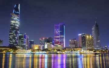 ночь, огни, город, сингапур