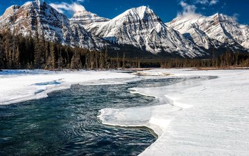 река, горы, снег, природа, лес, зима, лёд, льдины, канада, национальный парк джаспер, провинция альберта