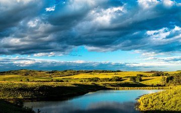 облака, природа, пейзаж, поля, пруд, канада, луга, провинция альберта, turner valley