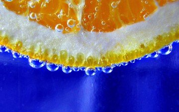 макро, капли, фрукты, пузыри, апельсин, синий фон, цитрусы, долька, крупным планом
