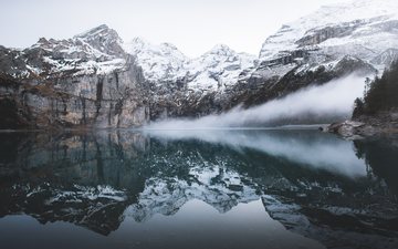 озеро, горы, снег, отражение, пейзаж, туман, швейцария, альпы, эшинензе