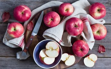 листья, еда, фрукты, яблоки, доски, плоды, нож, полотенце, миска