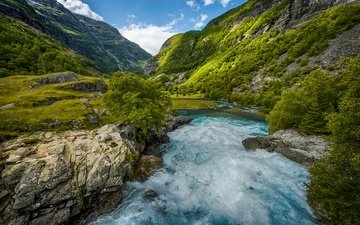 деревья, река, горы, камни, ущелье, норвегия, течение, sogn og fjordane, aurland