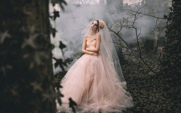 лес, девушка, взгляд, модель, невеста, свадебное платье
