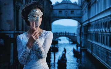 девушка, маска, венеция, волосы, лицо, белое платье, карнавал