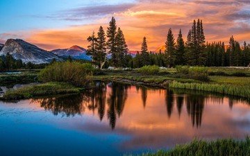 деревья, озеро, горы, природа, лес, закат, отражение, пейзаж, закат солнца, калифорния, йосемити, йосемитский национальный парк калифорния