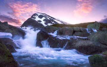 река, камни, закат, гора, норвегия, каскад, йотунхеймен, ютунхеймен