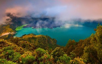 небо, облака, деревья, вода, озеро, горы, природа, лес, пейзаж, осень, холм, индонезия